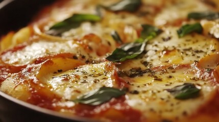 Margherita pizza fresh mozzarella basil and tomato sauce close up view with golden crust