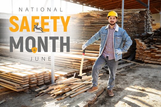 Male carpenter with axe at sawmill. National Safety Month