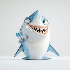 Fototapeta premium Animated shark, grinning, pearly whites. Blue and white cartoon creature. Cute, playful design
