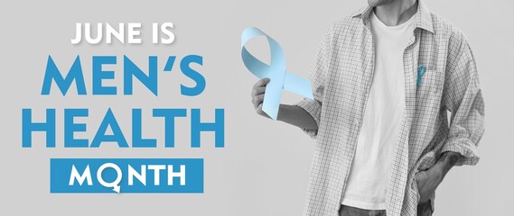 Young man with blue awareness ribbon on grey background. Banner for Men's Health Month