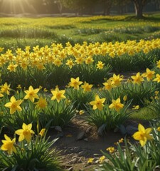 Obraz premium Sunlit daffodils burst forth in vibrant yellow against a lush green field , sunny, blooming