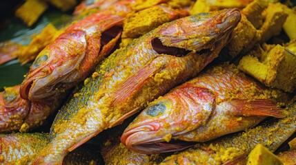Spiced Fish Ready for Cooking on Banana Leaves