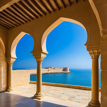 mirbat fort on the sea in sultanate of oman with blue sky , old building