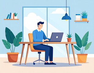 Man Working On Laptop In Modern Office Illustration