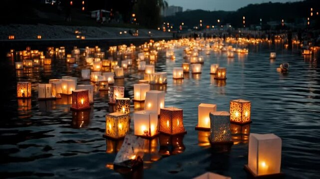  Illuminated paper lanterns floating on a river at night during a festival with people watching on shore.