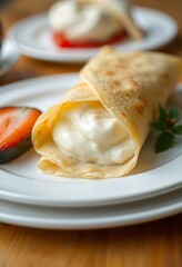 white plate topped with a crepe covered in cream