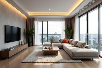 Fototapeta premium Modern minimalist condo living room, sleek design, metal, grey