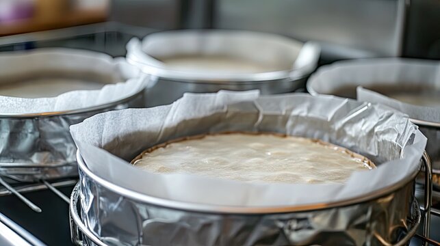 Metal cake pans lined with parchment ready while oven heats
