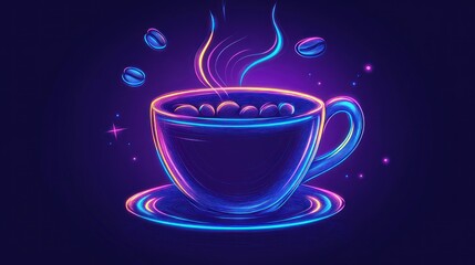 Neon coffee cup with steam and beans