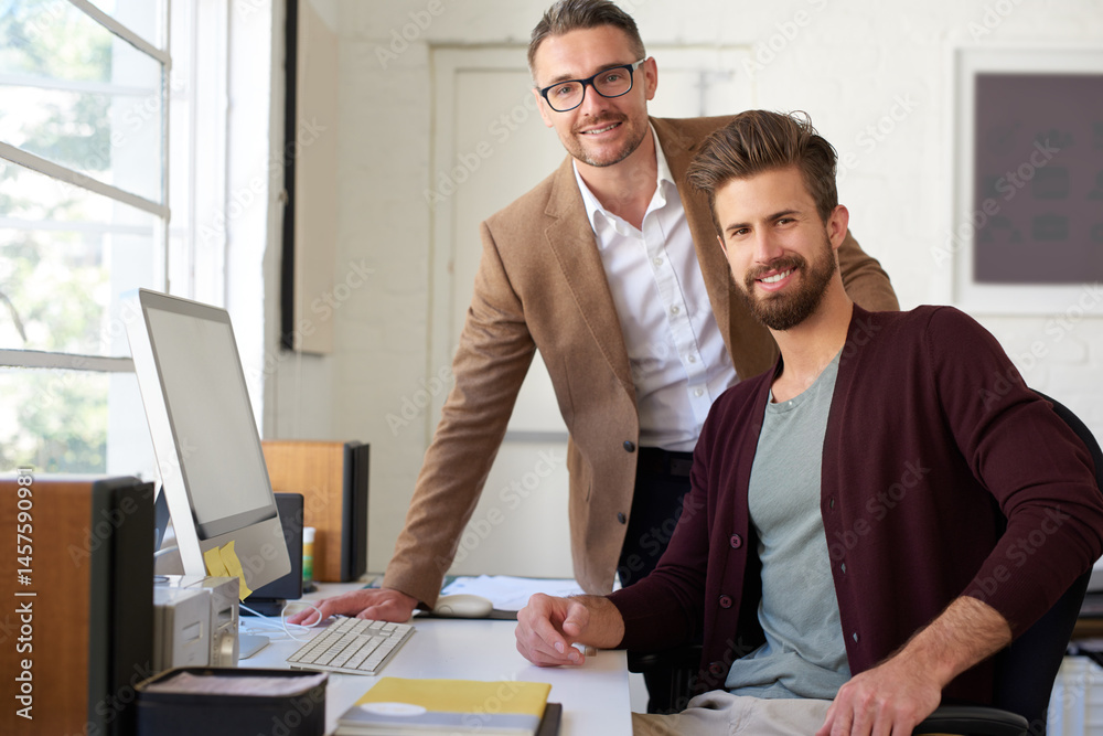 Poster happy, portrait and men on computer in office for research, planning and ideas as web designer with 