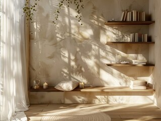 A room with a white wall and shelves. The shelves are made of wood and are filled with books
