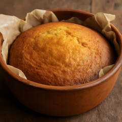 Naklejka premium A golden-brown cake baked in a rustic terra cotta bowl lined with parchment paper