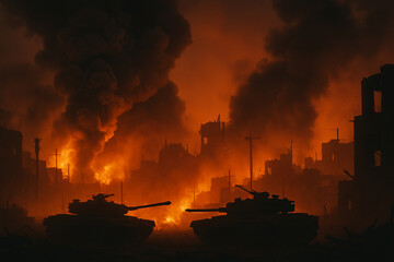 Tanks Silhouettes Firing in Battlefield Smoke II