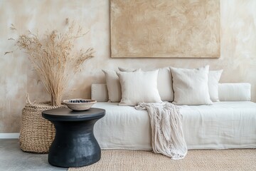 Beige, minimalist living room with a neutral color palette.  Dried grasses, a round coffee table and a large, comfortable linen sofa are featured