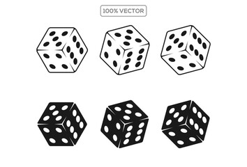 Dice Black And White Vector Illustration. Dices flat icon sets. Rolling dice. White roll cubes for gamble games, top view dice sides and falling 3D