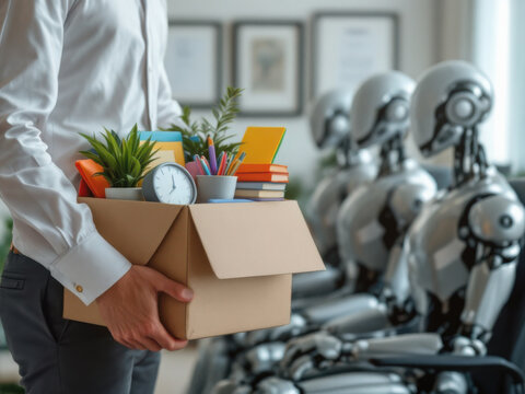 Dismissed office worker leaving his workplace and humanoid robots replacing him