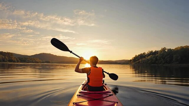 Kayaker paddles on lake at sunset