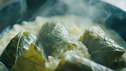Obraz premium Sarma grape leaves stuffed rice and minced meat yogurt close up view