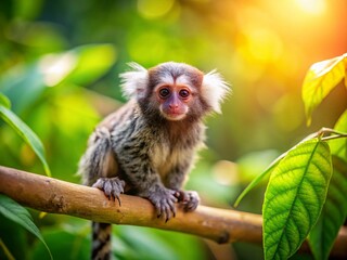 Adorable Common Marmoset Baby Clinging to Branch in Lush Summer Garden - Tilt-Shift Photography