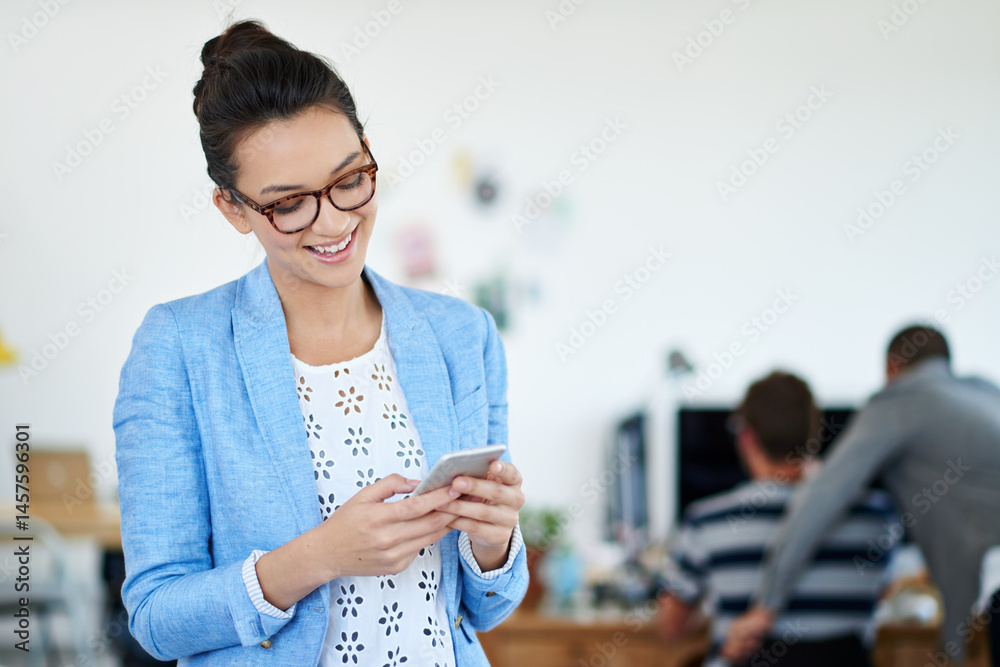 Poster creative, girl and internet with smartphone in office for communication, networking and texting on s