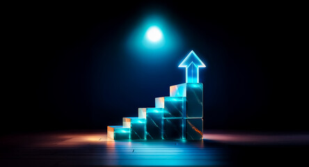Glowing blue arrow ascends a staircase of illuminated cubes, symbolizing growth and progress towards a bright future under a spotlight.