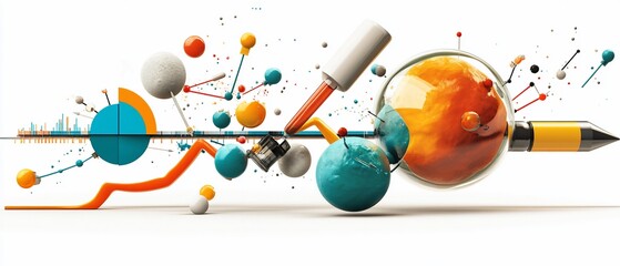 Obraz premium Colorful data visualization of charts, globes, magnifying glass and abstract elements