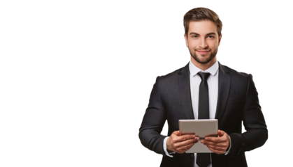 Un hombre en un traje está sosteniendo una tableta	
