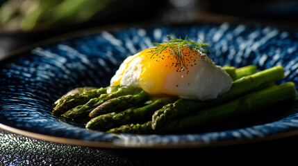 Poached egg on edible asparagus in a fashionable plate design elegant spring dish