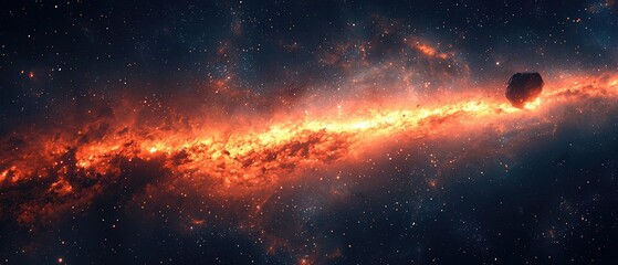 Obraz premium Fiery Nebula and Asteroid in Deep Space