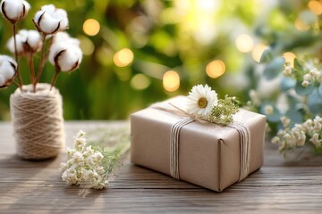 eco-friendly gift box with kraft paper and cotton twine, surrounded by spring flowers and sunlight bokeh, sustainable celebration concept