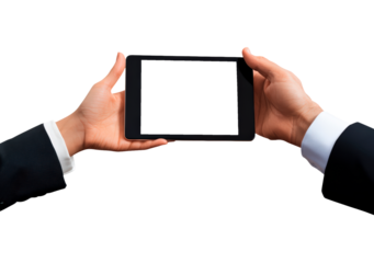 Businessman in formal suit holding tablet in hands with transparent screen