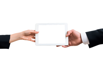 Businessman in formal suit holding tablet in hands with transparent screen