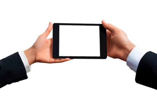 Businessman in formal suit holding tablet in hands with transparent screen