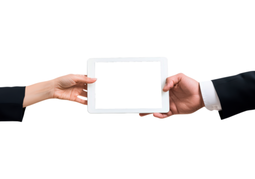 Businessman in formal suit holding tablet in hands with transparent screen