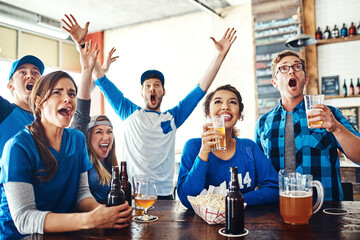 Sports, friends and excited people in pub with beer, snacks and celebration of world cup together. Cheers, games and group of fans in bar for watch party, drinks or competition on tv at baseball club