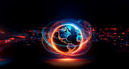 Obraz premium A glowing, vibrant Earth encircled by swirling, neon energy, set against a dark, futuristic backdrop. The image evokes themes of global connection and technological advancement.