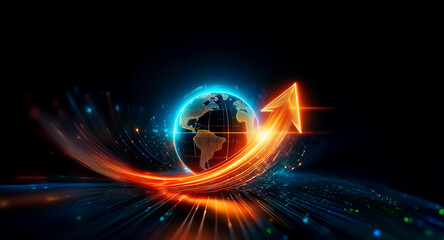 A glowing Earth encircled by a vibrant, upward-pointing arrow, symbolizing global growth and progress.  Streaks of light suggest rapid advancement and technological innovation.