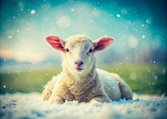 Fototapeta premium Adorable Lamb in Snowy Field - Vintage Winter Farm Photo