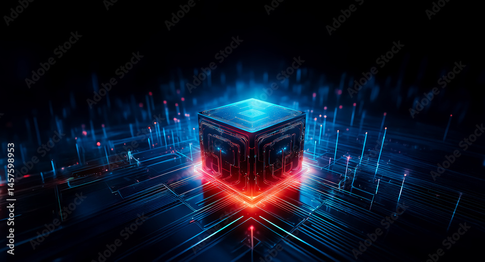 Wall mural a glowing, futuristic cube emanates energy, surrounded by intricate circuitry and data streams in a 