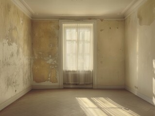 A room with a window and a white curtain. The room is empty and has a lot of white walls