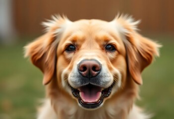 close up of a dog's face with grass in the background