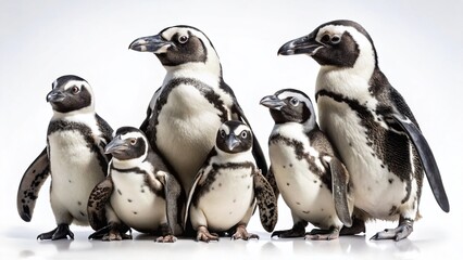 Obraz premium Adorable South African Penguin Family Portrait: Wildlife Zoo Animals Standing & Lying, Isolated on White