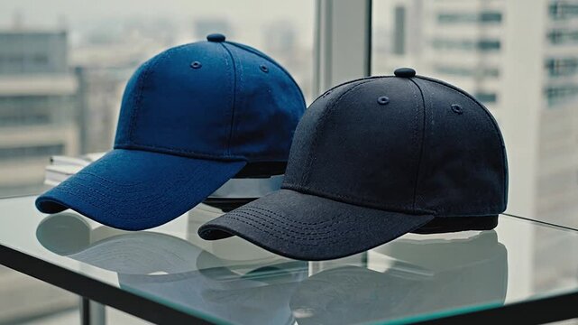 Two blue and navy baseball caps on glass display. Urban city background. Promotional product