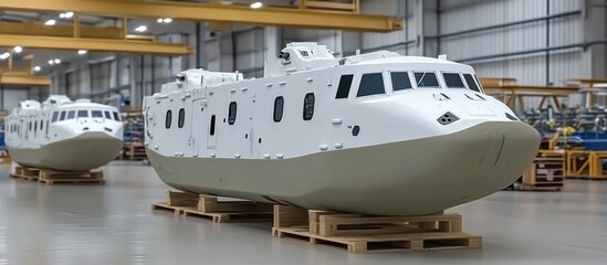 Naklejka premium Industrial landscape showcasing newly manufactured military transport vehicles awaiting assembly