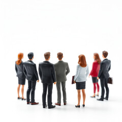 Fototapeta premium A group of miniature business people stand on white background back view.