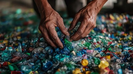 close-up of hands sorting plastic for recycling, soft focus