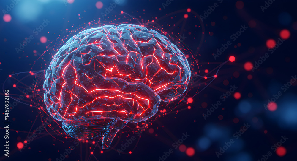 Poster glowing red neural networks inside brain 3d render on dark blue background representing artificial i