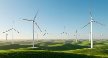 Fototapeta premium A serene landscape featuring wind turbines on rolling green hills under a clear blue sky, captured in ultra-realistic detail with natural lighting. 