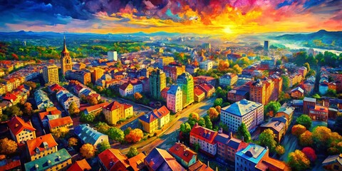 Naklejka premium Aerial Cityscape: Expressionist Painting Style, Vibrant Colors, Bold Brushstrokes
