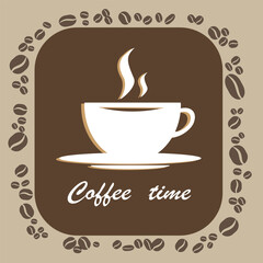 Coffee cup icon. Coffee time text. Hot drink symbol. Vector brown background.